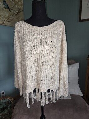 Altar'd State Cream Off-the-Shoulder Fringe Knit Sweater